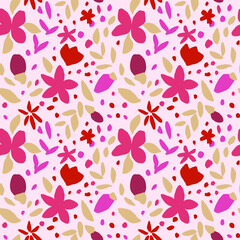 Floral seamless pattern on pink background. Abstract spots flowers leaves and dots repeat print. Botanical design for wallpaper, fabric, textile, wrapping paper and decoration.