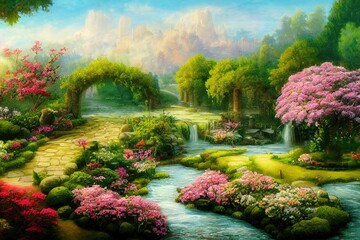 Enchanted garden with stone bridge illustration. High quality 2d abstract illustration - obrazy, fototapety, plakaty