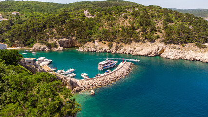 Fototapeta premium Blue sea lagoon. Cruise ship. Aerial drone view
