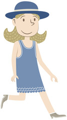 Little girl with hat. A girl in a hat and blue dress walks smiling.