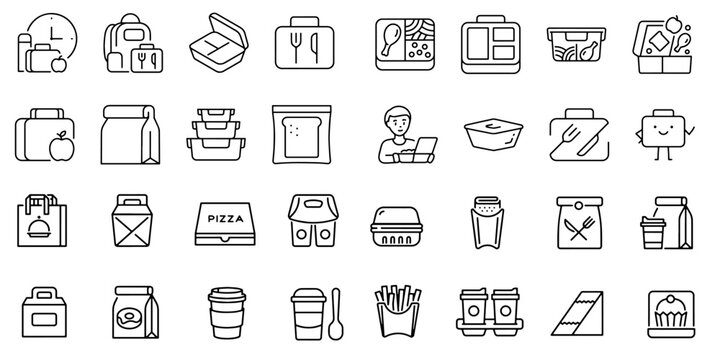 Food In A Container Icons Set. Breakfast, Lunch To Go. Meals To Go. A Set Of Rations For School Or Work, Linear Icon Collection. Line With Editable Stroke