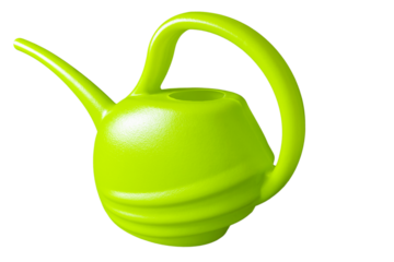 Small green plastic watering can for indoor plants and flowers, side view