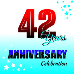 42nd birthday celebration background. Red gradient colored numbers and blue gradient background decorated with stars.