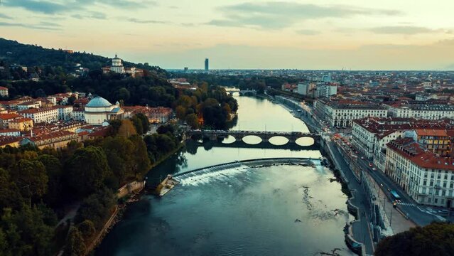 Hyperlapse of Turin skyline view from above view of old town.
