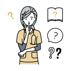 立って手をあごにあてて疑問を感じている看護師の女性 クエスチョンマークのセット