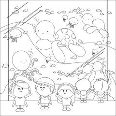 Children at the aquarium looking at the sea animals. Vector black and white coloring page.