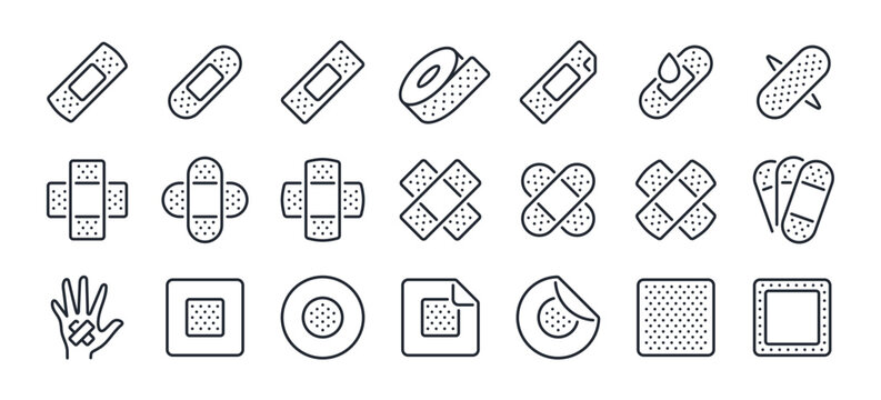 Medical patch and plaster editable stroke outline icons set isolated on white background flat vector illustration. Pixel perfect. 64 x 64.