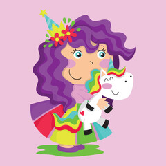 Obraz na płótnie Canvas Sweet princess with her little unicorn illustration
