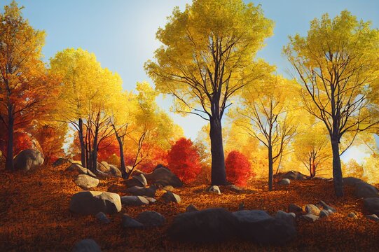 Group of deciduous trees among the rocks. Cutout yellow trees in autumn isolated on transparent background. Forest scape for landscaping. Colorful tree line in fall. Photorealistic 3d rendering.