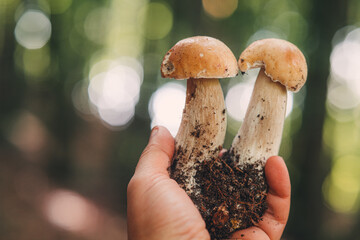 Finding beautiful Porcini mushrooms in the forest