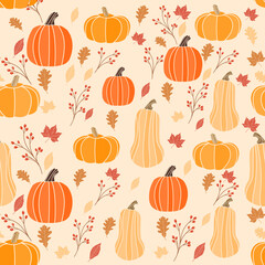 happy thanksgiving greeting seamless pattern with pumpkins, butternut squash, maple leaves or leaf Vector illustration for Thanksgiving autumn, harvest festival. Template for poster, banner, cards