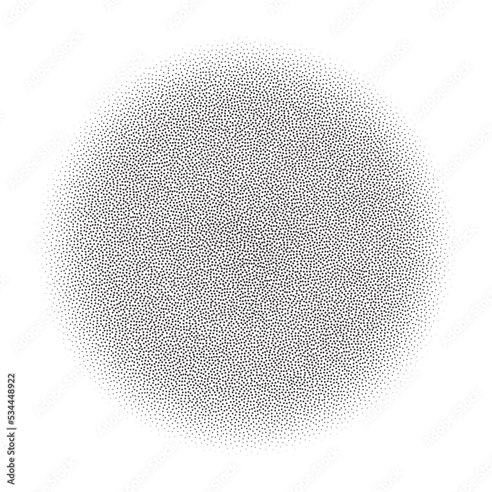 Poster Grain circle gradient. Stippled round shape. Radial stochastic dotwork texture. Random grunge noise background. Black dots sphere. Halftone vector 