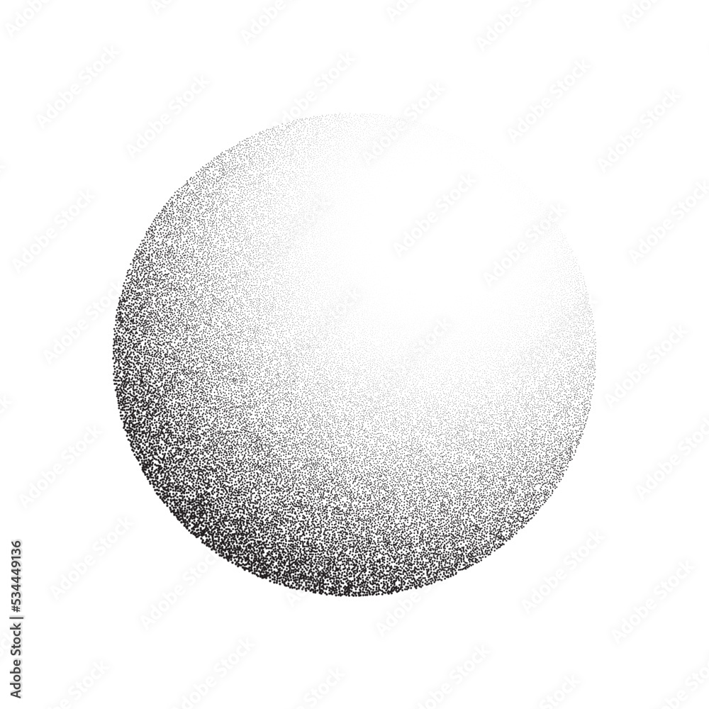 Poster Grain circle gradient. Stippled round shape. Radial stochastic dotwork texture. Random grunge noise background. Black dots sphere. Halftone vector 