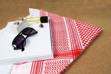 Saudi red shemagh headscarf with luxury accessories glasses perfume stone ring cuff links,Arabian
