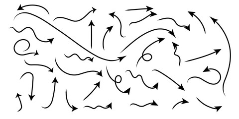 Set of Hand Arrow Pointing Direction. Collection of Simple Doodle Icon Arrow Line Vector.