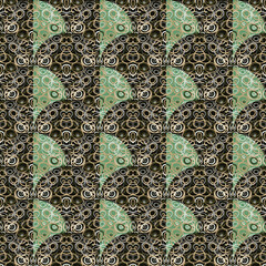 Decorative kaleidoscope mosaic ornament. Circle shapes seamless pattern. Doodle style.