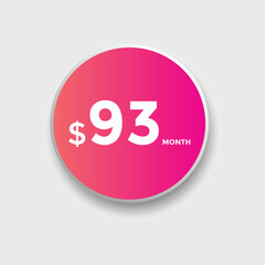 93 dollar price tag. Price $93 USD dollar only Sticker sale promotion Design. shop now button for Business or shopping promotion
