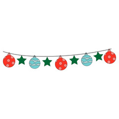 Сhristmas lights, garlands, Christmas toy balls illustration. Hand-drawn illustration. 
