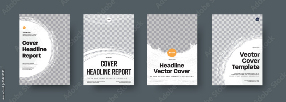 Poster set of vector white covers with round on semicircular grunge elements for photo.