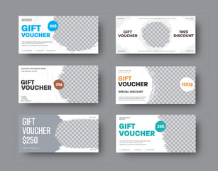 Set of vector white gift voucher templates with grunge elements and photo space - obrazy, fototapety, plakaty
