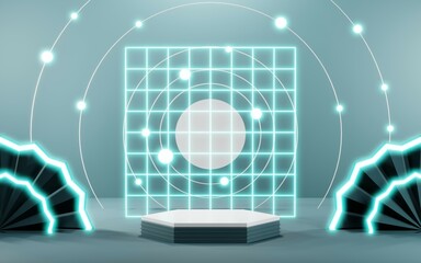 3D render of Podium background in blue tones for displaying cream products. cosmetics