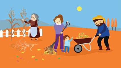 Fototapeta premium Family cleaning up in the autumn garden