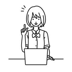 デスクで座ってPCを開いて何かひらめいた事務員制服の女性