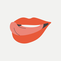 Open women mouth, white teeth, tongue . Female red lipstick lips with different emotions, mimic, facial expressions . Make up, beauty, podcast . Sexy talking, kissing mouth, human body part