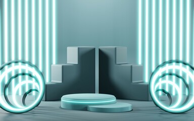 3D render of Podium background in blue tones for displaying cream products. cosmetics