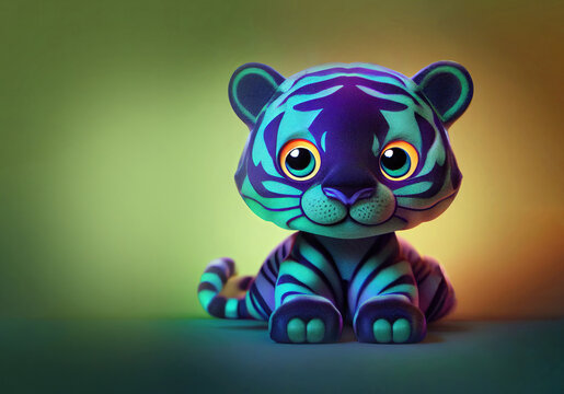 cute tiger stuffed teddy toy for toddlers with copy space, digital painting in 3D cartoon movies style.