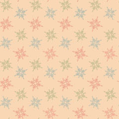 Seamless vector pattern colored snowflakes in line art style on a light background