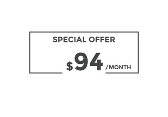 $94 USD Dollar Month sale promotion Banner. Special offer, 94 dollar month price tag, shop now button. Business or shopping promotion marketing concept
