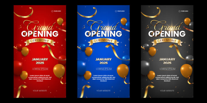 Grand opening luxury banner social media stories collection with golden ribbon and glossy balloons