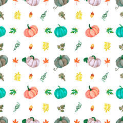 Hand drawn watercolor leaves and pumpkin seamless pattern no background. Can be used for textile, Halloween Scrapbook design, banner.
