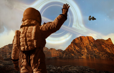 Waving Astronaut on alien planet
