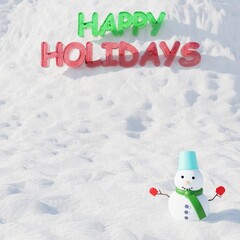 Christmas holiday winter background with snowman wearing green scarf and red gloves  (3D rendering)