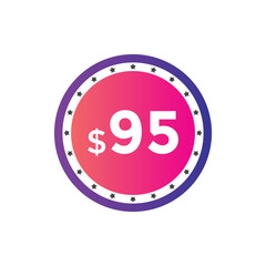 95 dollar price tag. Price $95 USD dollar only Sticker sale promotion Design. shop now button for Business or shopping promotion
