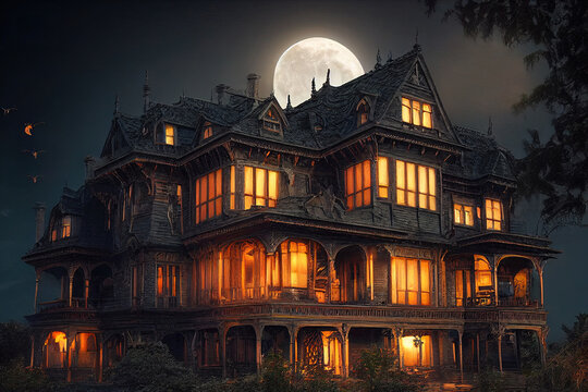 Large victorian house of terror with a full moon in the dark in candlelight. Halloween theme of horror house in the dark. 3D illustration and fantasy digital painting.