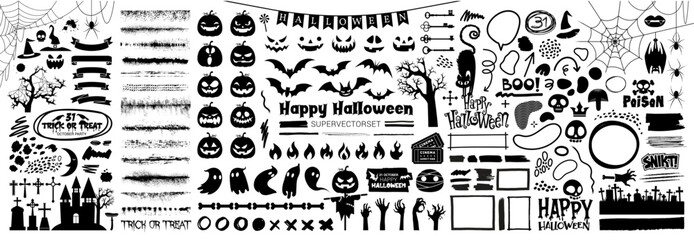 Big set of halloween silhouettes black icon and character. Design of witch, creepy and spooky elements for halloween decorations, sketch, icon, sticker. Hand drawn vector solated background