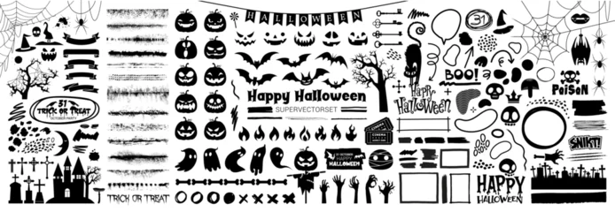 Tischdecke Big set of halloween silhouettes black icon and character. Design of witch, creepy and spooky elements for halloween decorations, sketch, icon, sticker. Hand drawn vector solated background © FourLeafLover