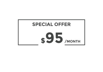 $95 USD Dollar Month sale promotion Banner. Special offer, 95 dollar month price tag, shop now button. Business or shopping promotion marketing concept
