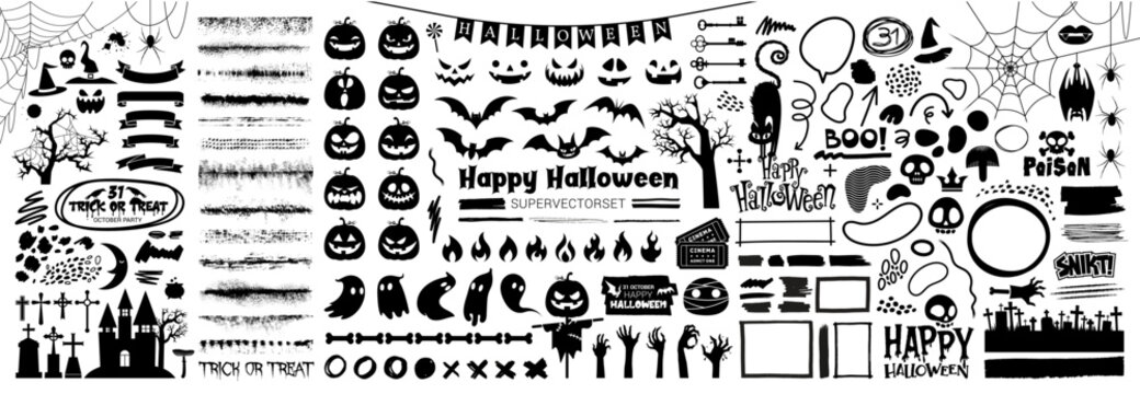 Big set of halloween silhouettes black icon and character. Design of witch, creepy and spooky elements for halloween decorations, sketch, icon, sticker. Hand drawn vector solated background