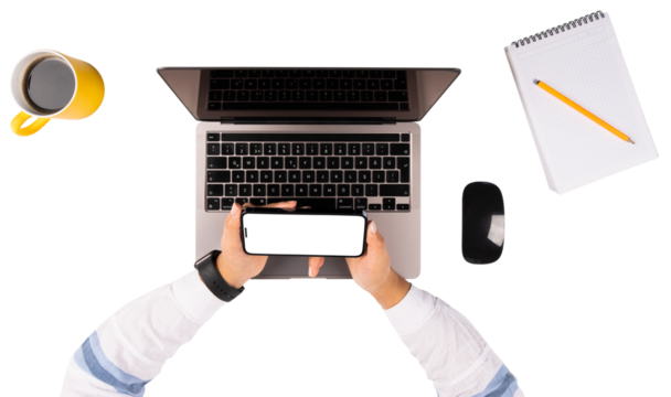 Horizontal smartphone mock up, top view of office worker holding horizontal smartphone mock up. Workplace isolated on white background. Woman hands on laptop, Technology office concept idea photo. - Powered by Adobe