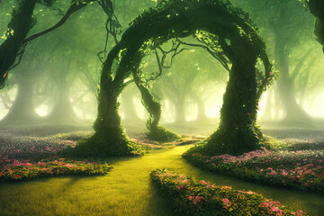 Fototapeta premium Spectacular archway covered with vine in the middle of fantasy fairy tale forest landscape, misty on spring time. Digital art 3D illustration.
