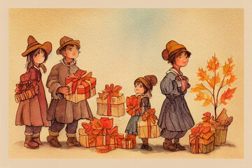 Cute, cartoon pilgrims with autumn gifts watercolor illustration. Thanksgiving Day children Pilgrim Couple.