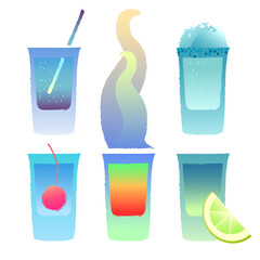 Set of vector glass shooter. Alcoholic drinks in blue shades. Burning cocktail