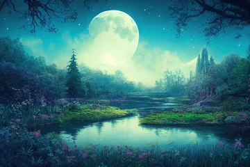 Gordijnen Fantasie magisch betoverd sprookjeslandschap met bosmeer, fantastische sprookjesachtige tuin. mysterieuze blauwe achtergrond en gloeiende maanstraal in de nacht © 2rogan