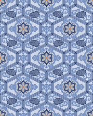 Japanese Luxury Flower Hexagon Mosaic Vector Seamless Pattern