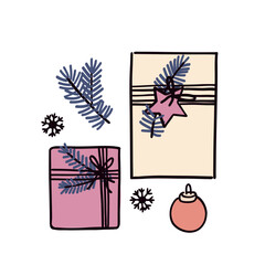 Winter composition with christmas gift. Hand drawn vector illustration.