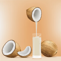 Drinking water from coconut comes down to the glass.illustration vector